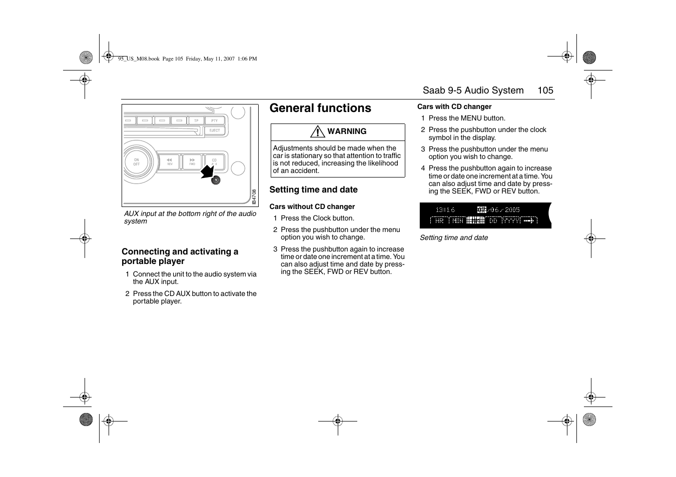 General functions | Saab 2008 9-5 User Manual | Page 105 / 288