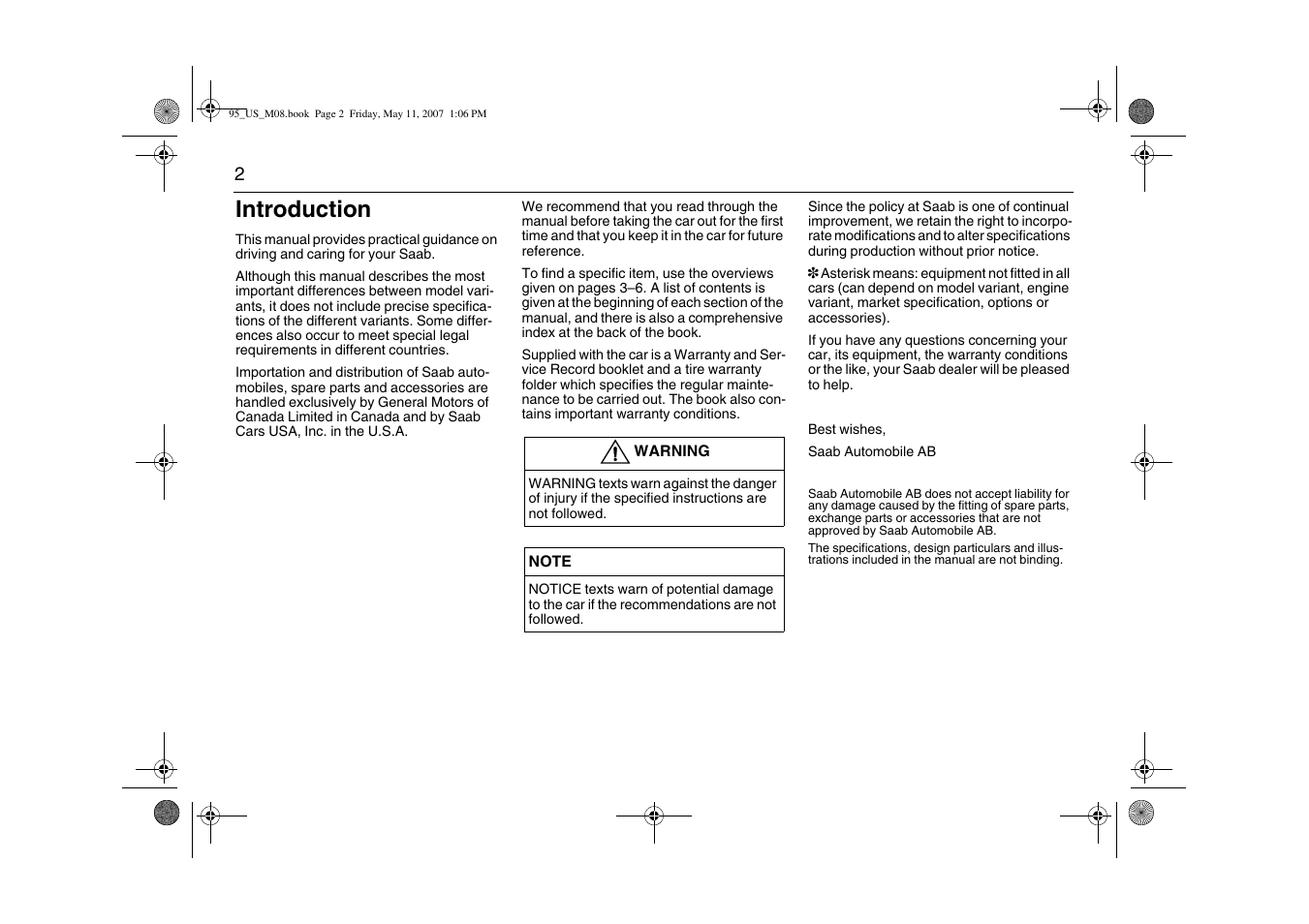 Introduction | Saab 2008 9-5 User Manual | Page 2 / 288