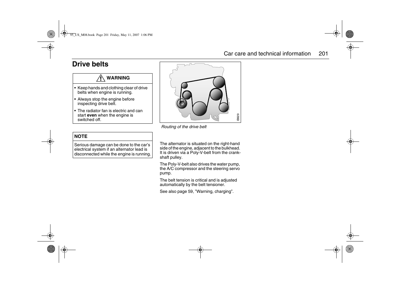 Drive belts | Saab 2008 9-5 User Manual | Page 201 / 288