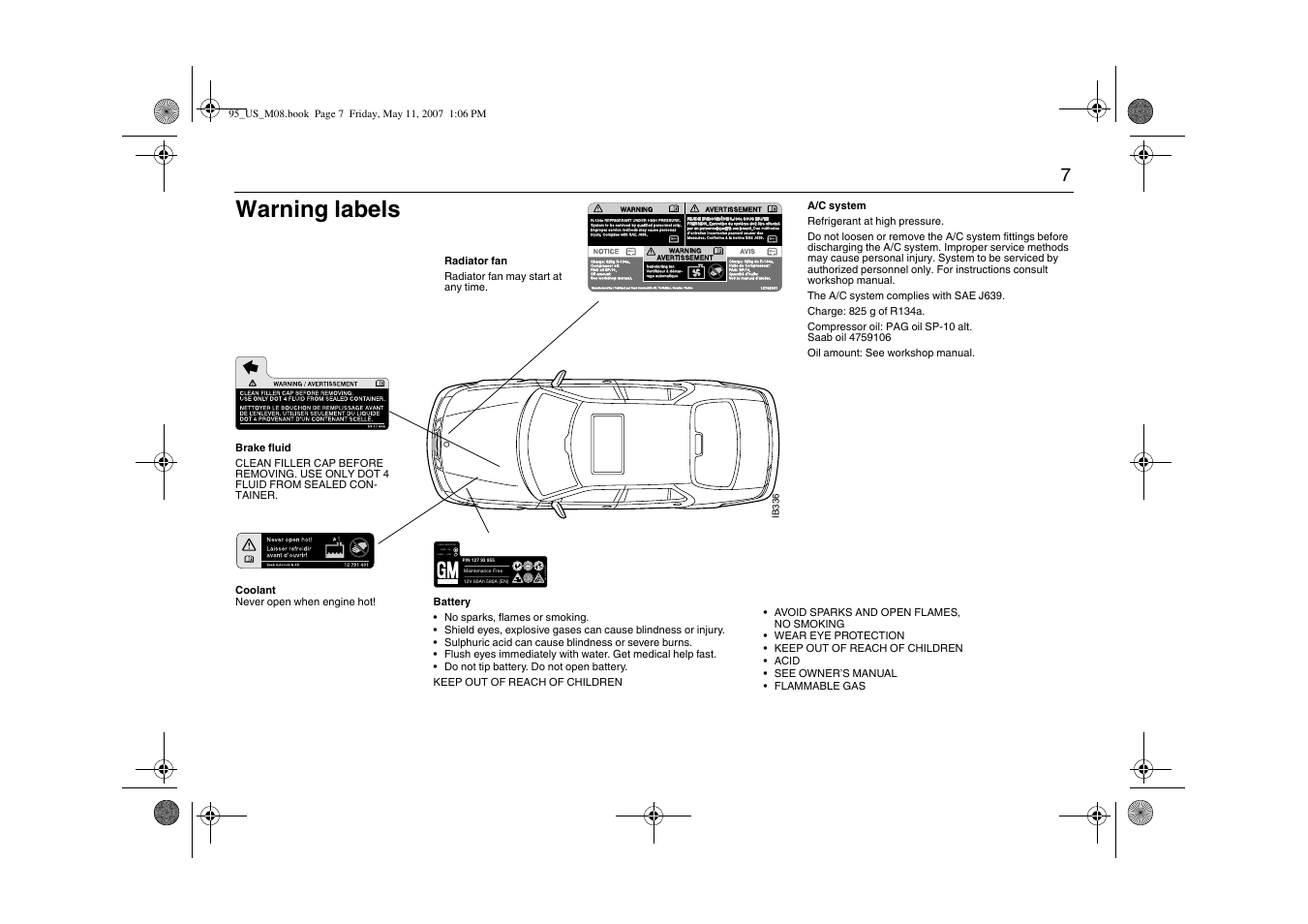 Warning labels | Saab 2008 9-5 User Manual | Page 7 / 288