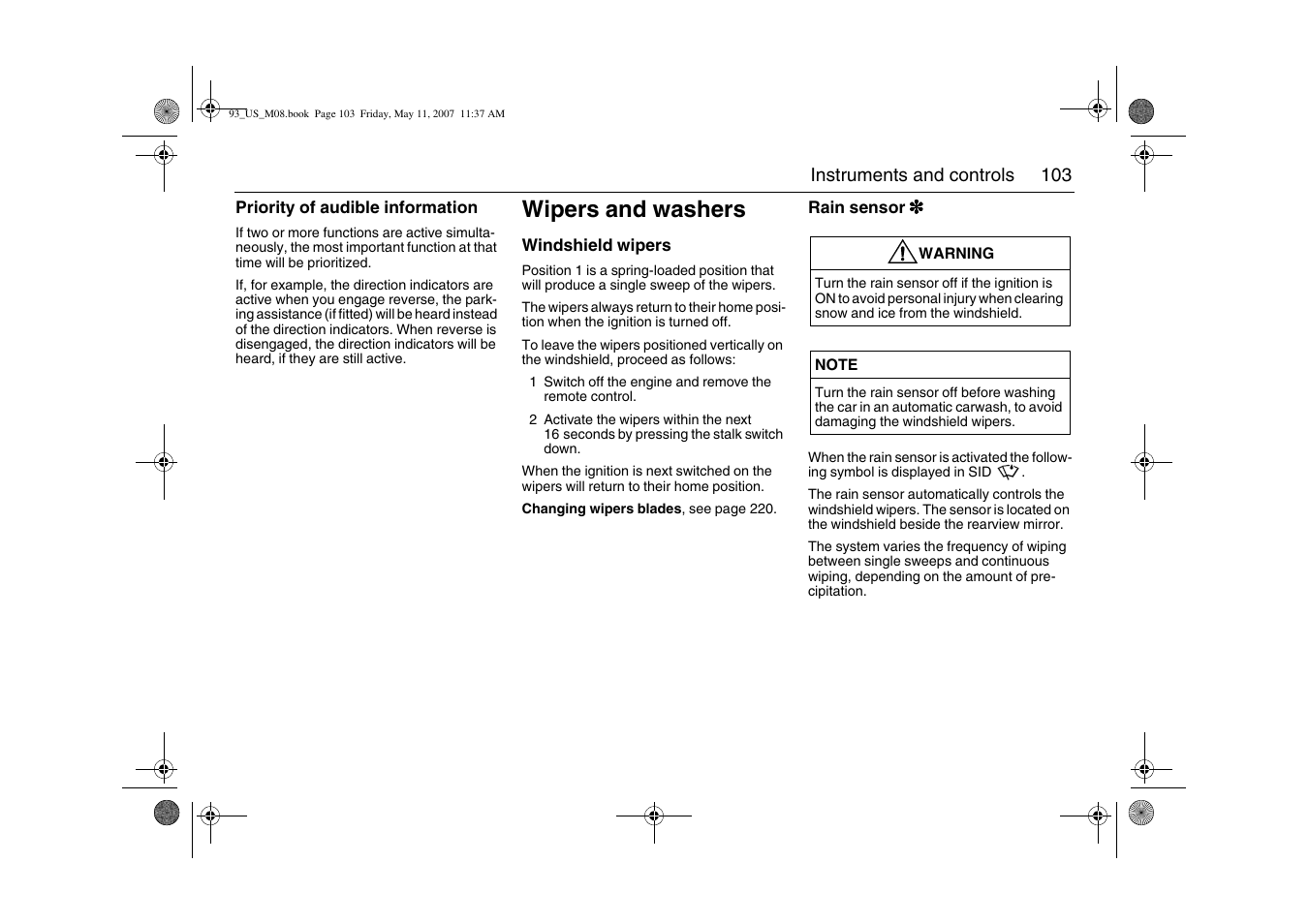 Wipers and washers | Saab 2008 9-3 User Manual | Page 103 / 320