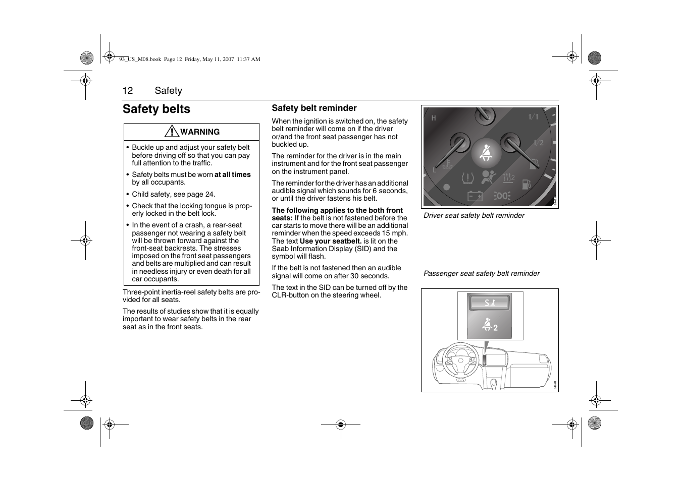 Safety belts | Saab 2008 9-3 User Manual | Page 12 / 320