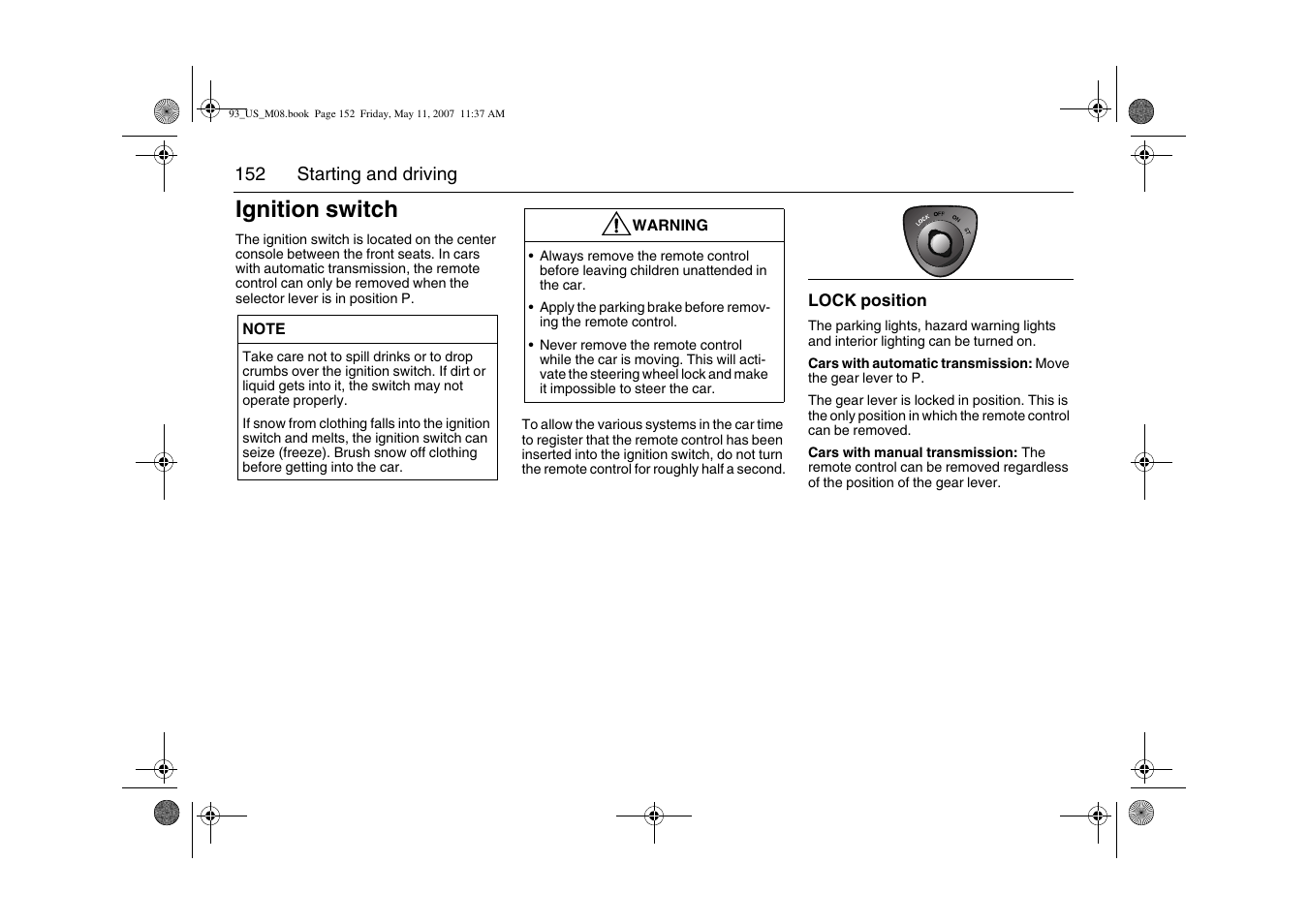 Ignition switch | Saab 2008 9-3 User Manual | Page 152 / 320