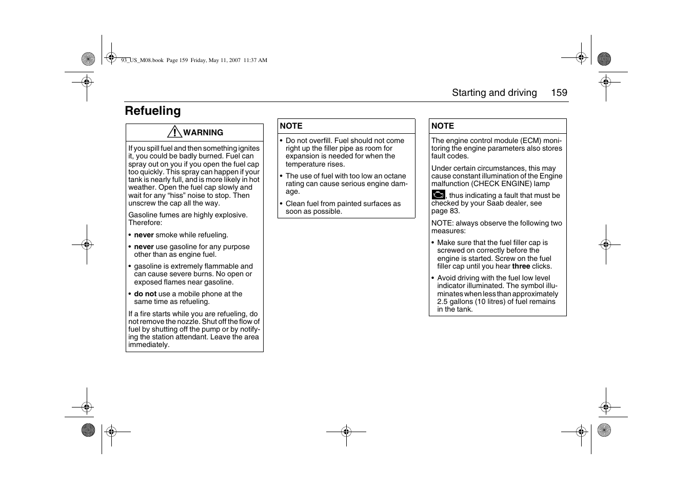 Refueling | Saab 2008 9-3 User Manual | Page 159 / 320