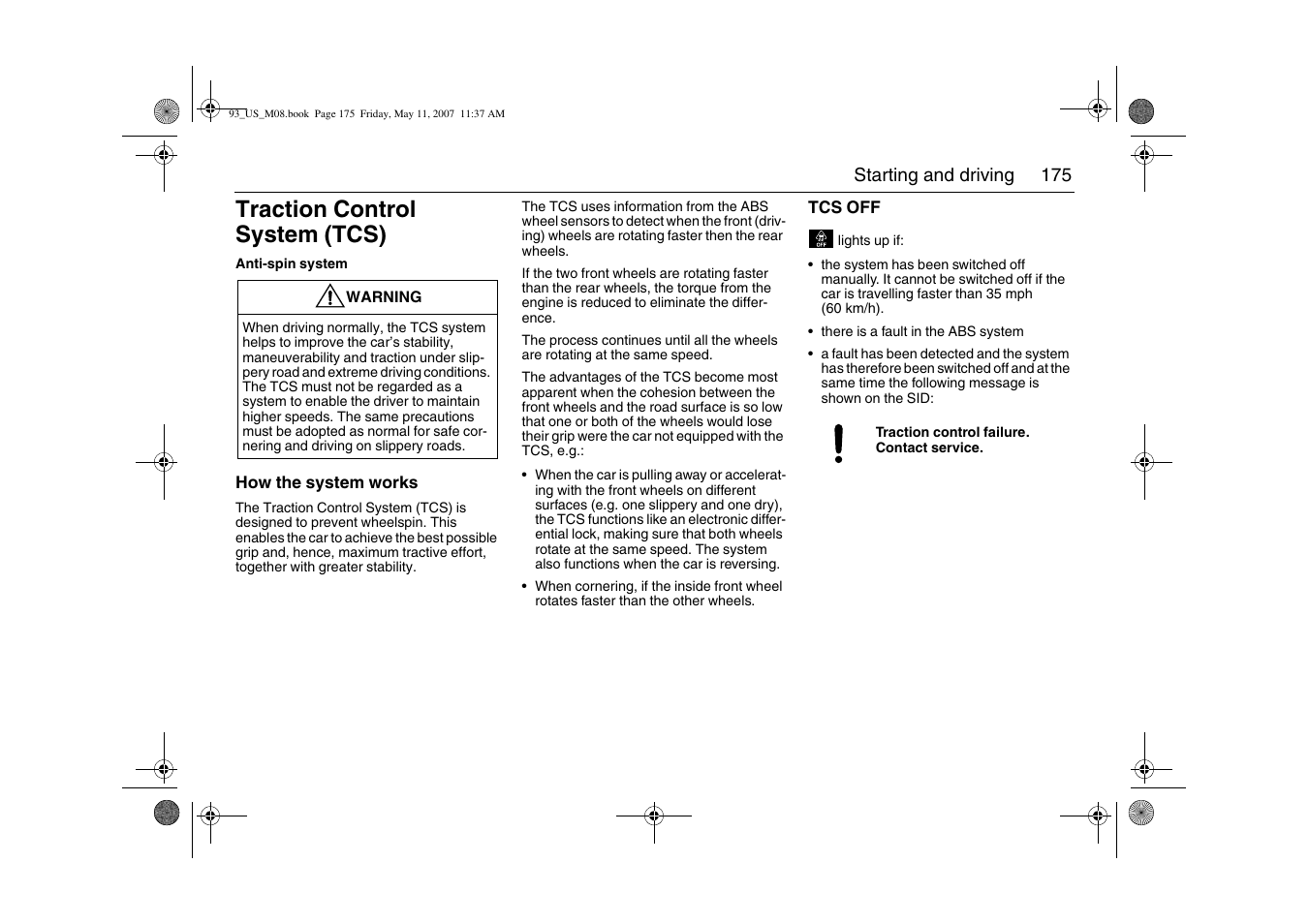 Traction control system (tcs) | Saab 2008 9-3 User Manual | Page 175 / 320
