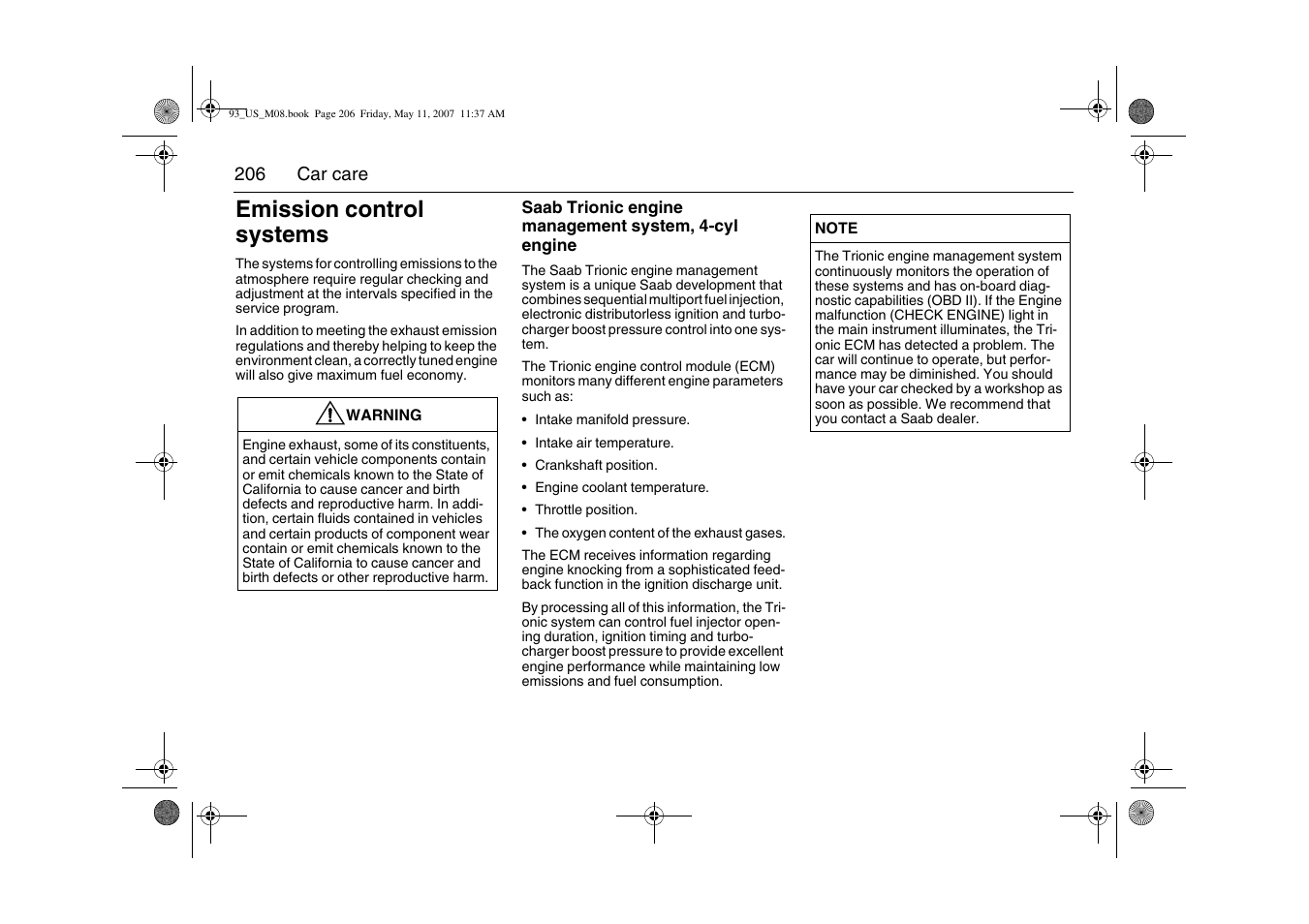 Emission control systems | Saab 2008 9-3 User Manual | Page 206 / 320