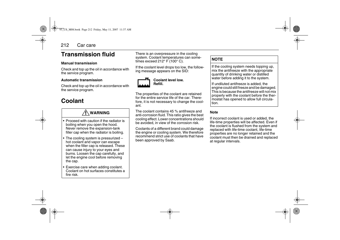 Transmission fluid, Coolant | Saab 2008 9-3 User Manual | Page 212 / 320