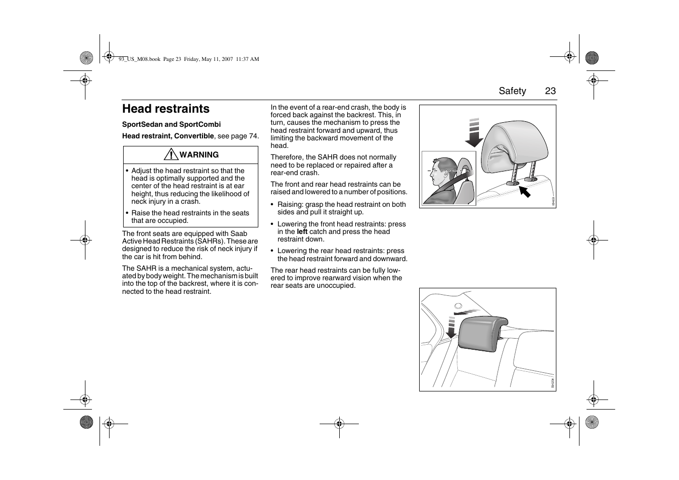 Head restraints | Saab 2008 9-3 User Manual | Page 23 / 320