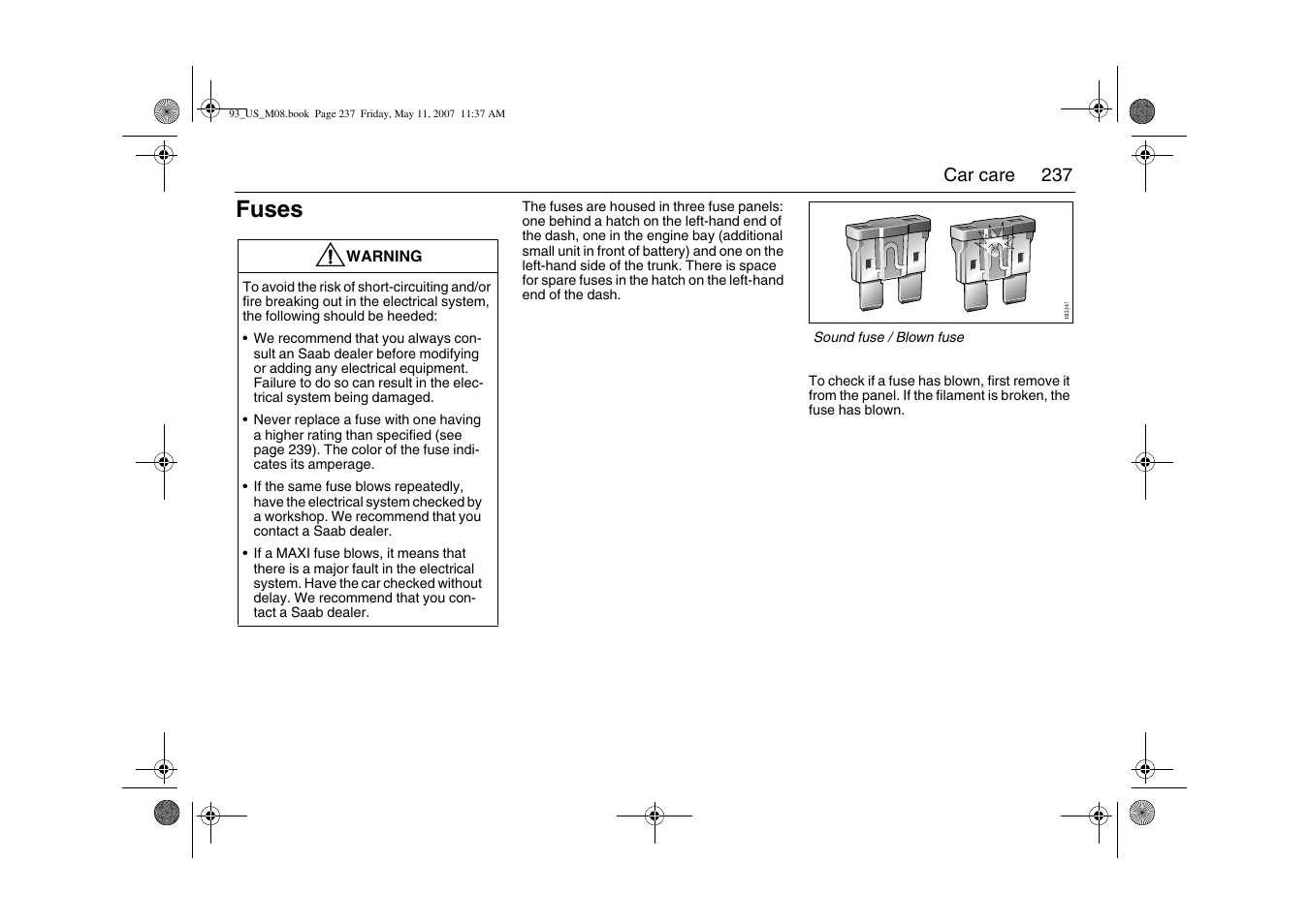 Fuses | Saab 2008 9-3 User Manual | Page 237 / 320