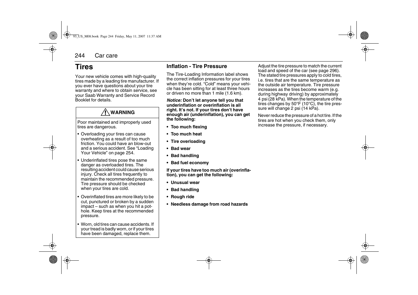 Tires | Saab 2008 9-3 User Manual | Page 244 / 320