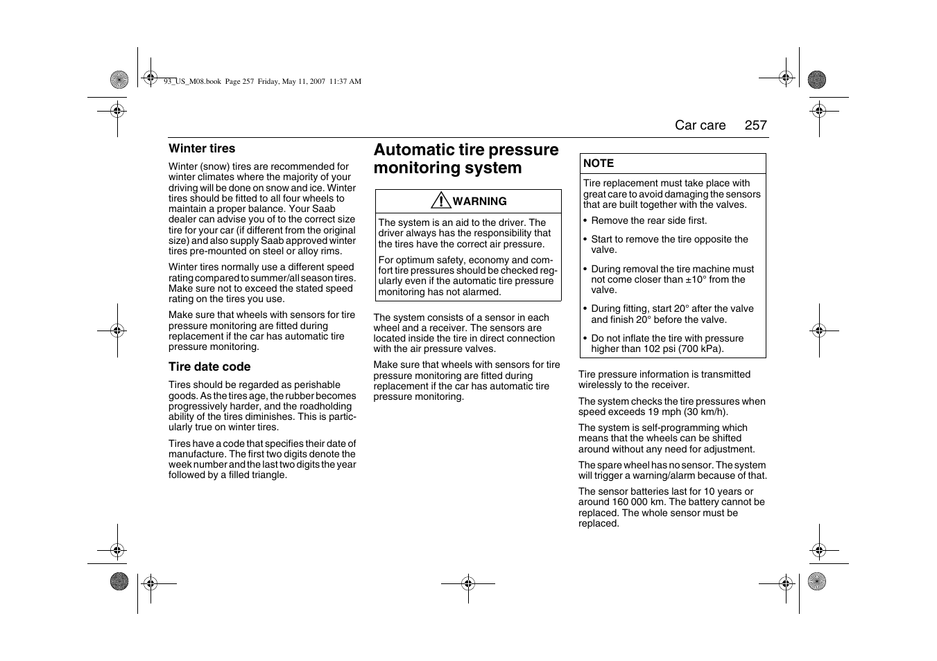 Automatic tire pressure monitoring system | Saab 2008 9-3 User Manual | Page 257 / 320