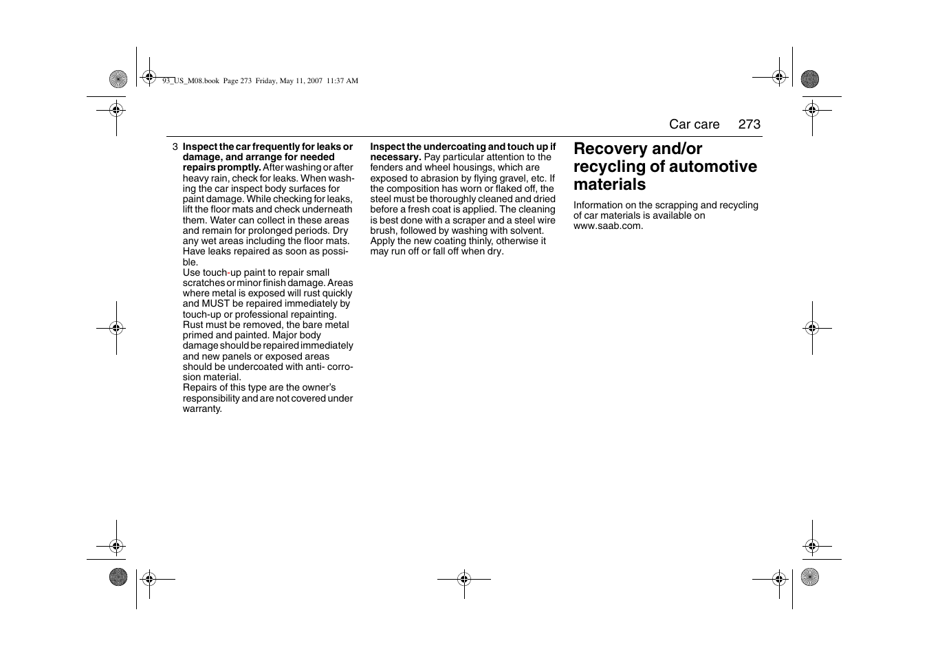 Recovery and/or recycling of automotive materials | Saab 2008 9-3 User Manual | Page 273 / 320