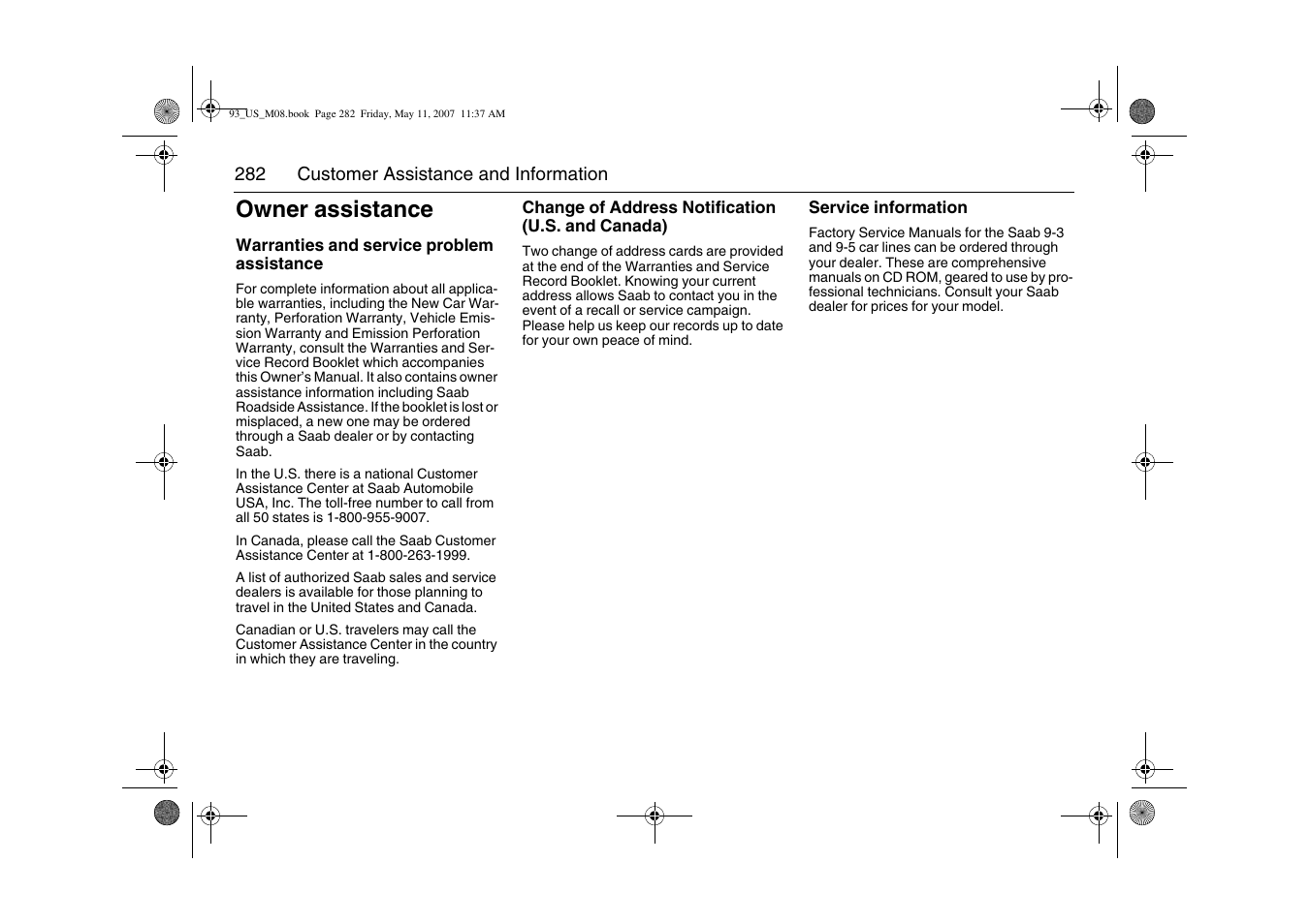 Owner assistance | Saab 2008 9-3 User Manual | Page 282 / 320