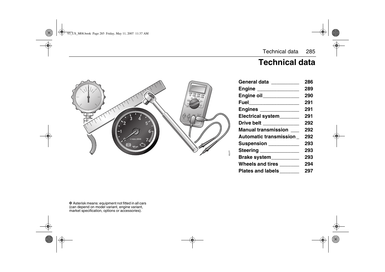 Technical data | Saab 2008 9-3 User Manual | Page 285 / 320