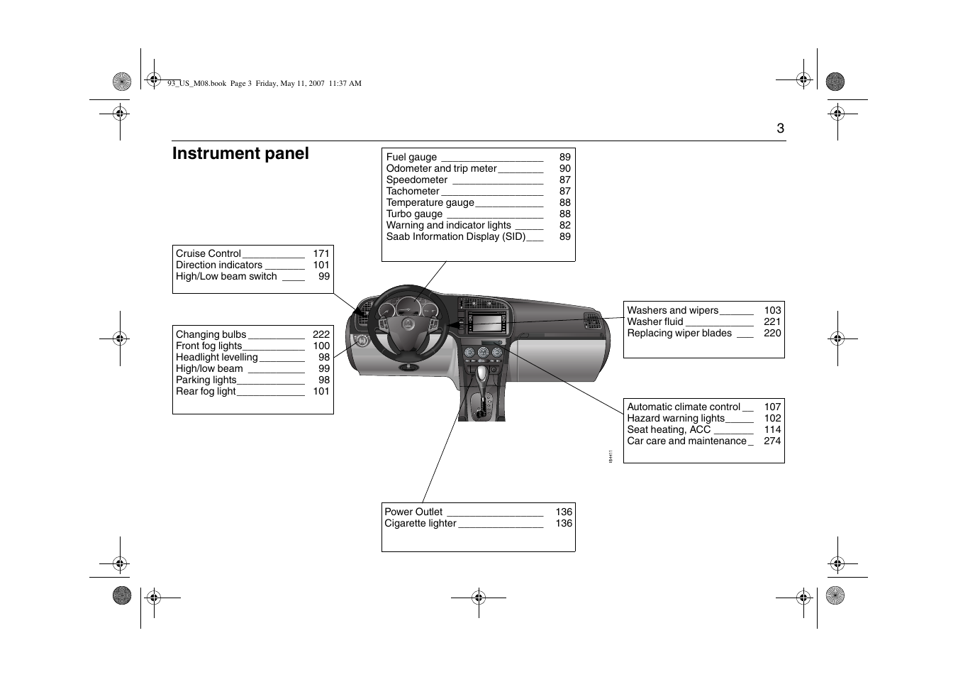 Instrument panel | Saab 2008 9-3 User Manual | Page 3 / 320