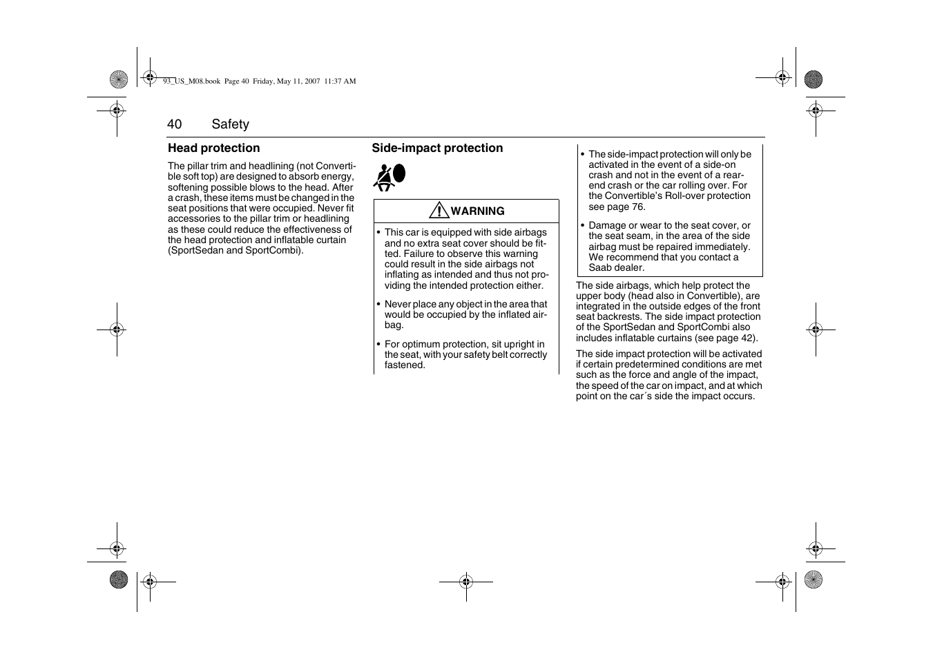 Saab 2008 9-3 User Manual | Page 40 / 320