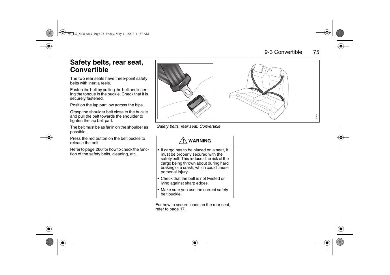 Safety belts, rear seat, convertible | Saab 2008 9-3 User Manual | Page 75 / 320