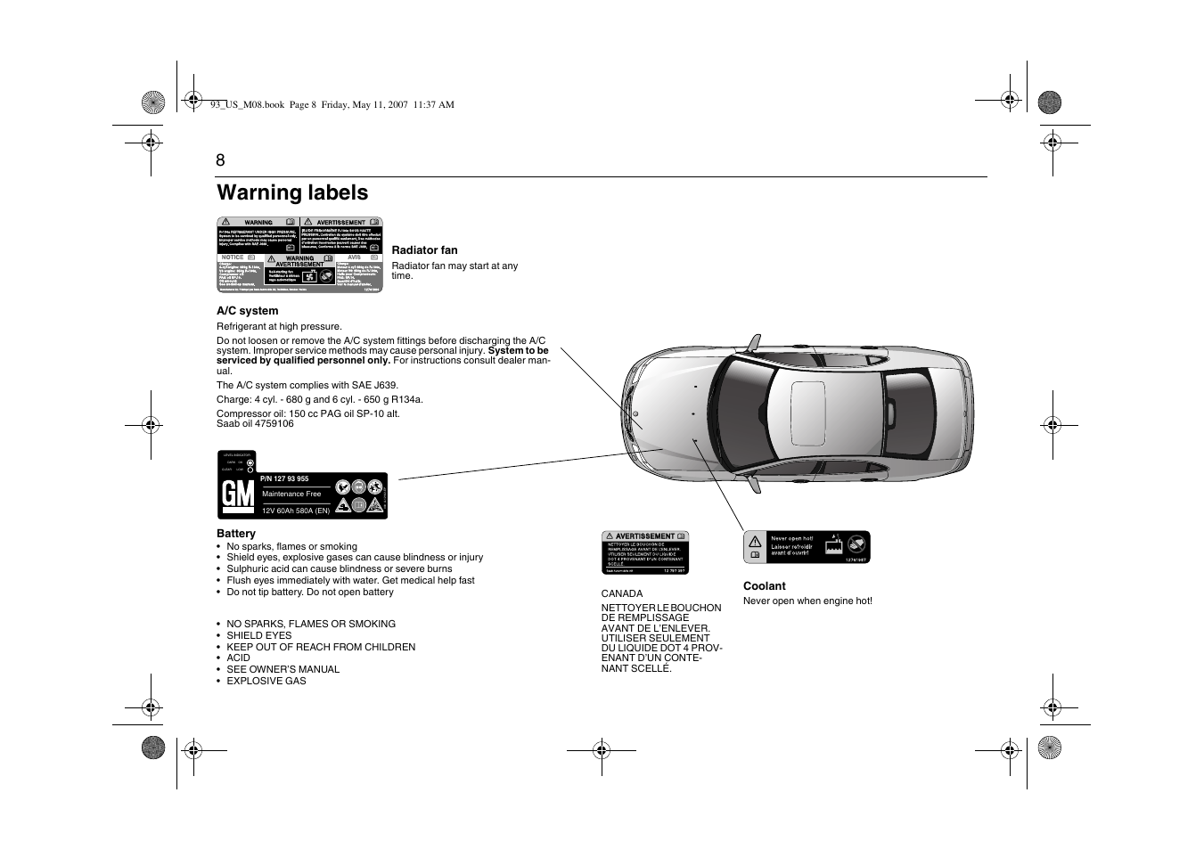 Warning labels | Saab 2008 9-3 User Manual | Page 8 / 320