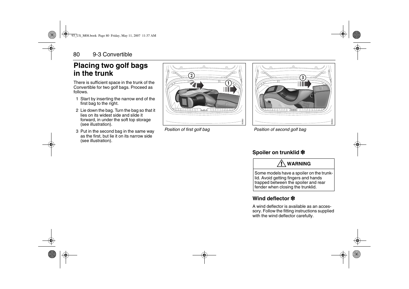 Placing two golf bags in the trunk | Saab 2008 9-3 User Manual | Page 80 / 320