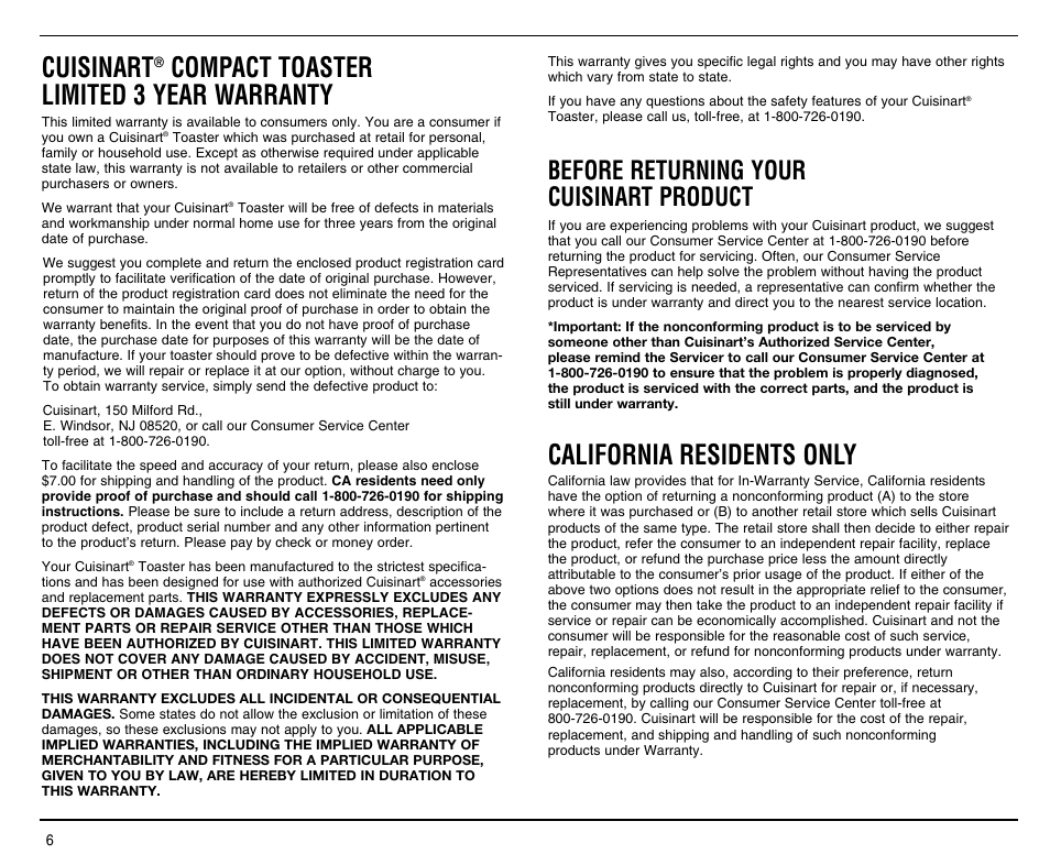 Cuisinart, Compact toaster limited 3 year warranty, California residents only | Before returning your cuisinart product | Cuisinart CPT-140RC User Manual | Page 6 / 9