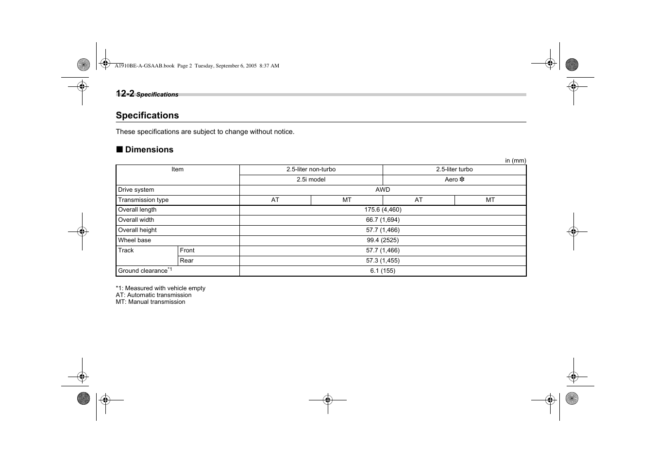 Specifications | Saab 2006 9-2 User Manual | Page 292 / 322