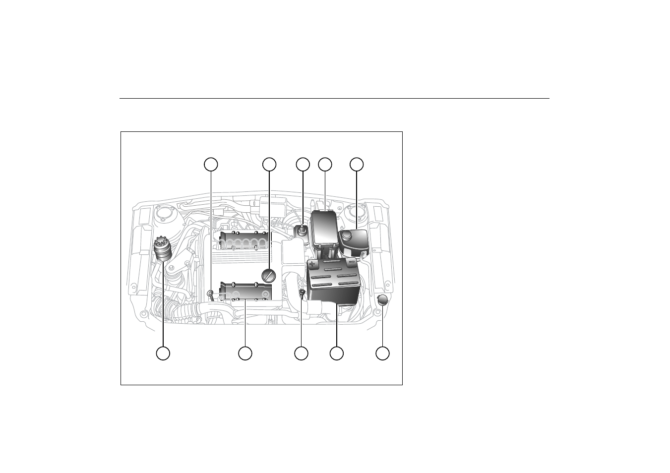 Engine compartment, 6-cyl. engine, Engine compartment, Cyl. engine | Saab 2000 9-5 User Manual | Page 168 / 256