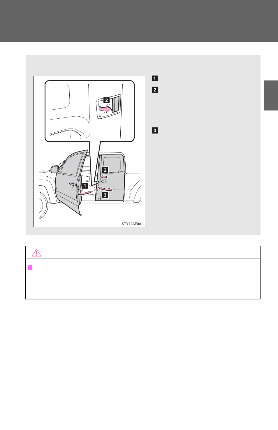 Access doors (access cab models only) | TOYOTA 2012 Tacoma User Manual | Page 19 / 594