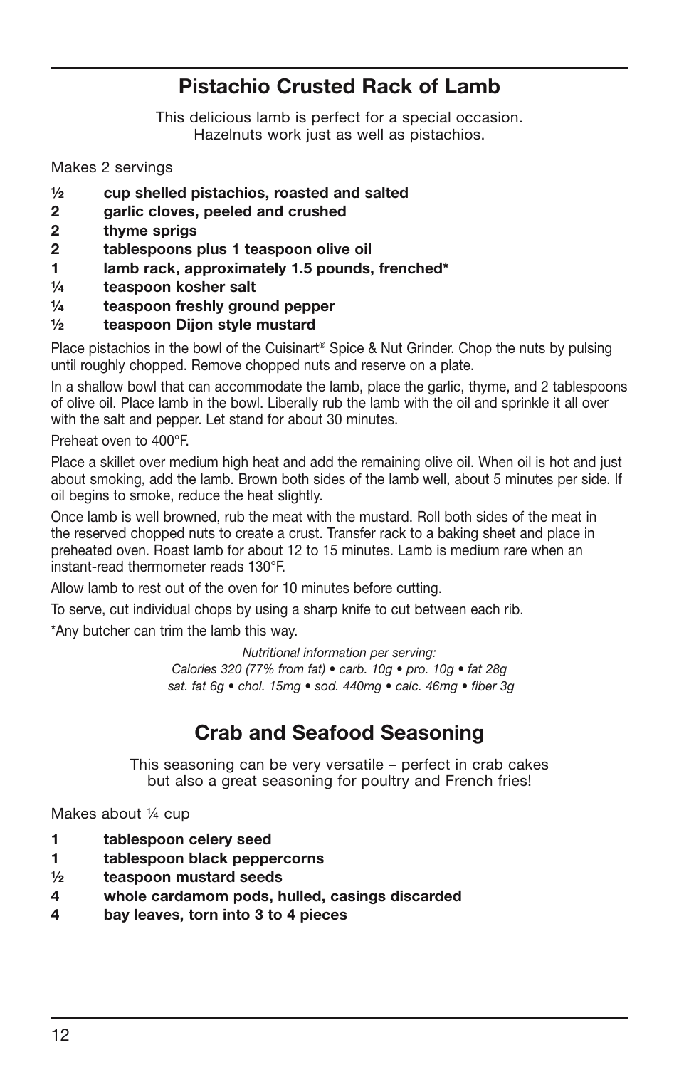 Pistachio crusted rack of lamb, Crab and seafood seasoning | Cuisinart SG-10 User Manual | Page 12 / 20