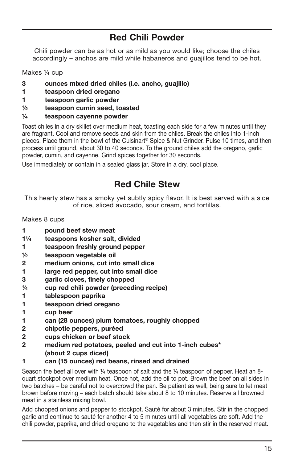 Red chili powder, Red chile stew | Cuisinart SG-10 User Manual | Page 15 / 20