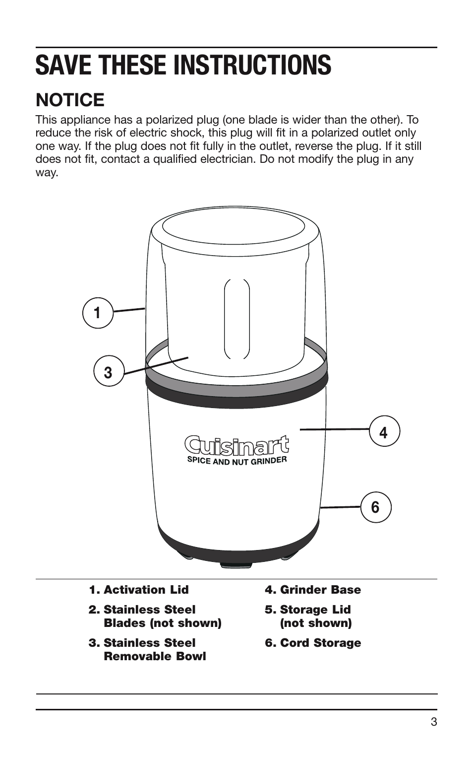Save these instructions, Notice | Cuisinart SG-10 User Manual | Page 3 / 20