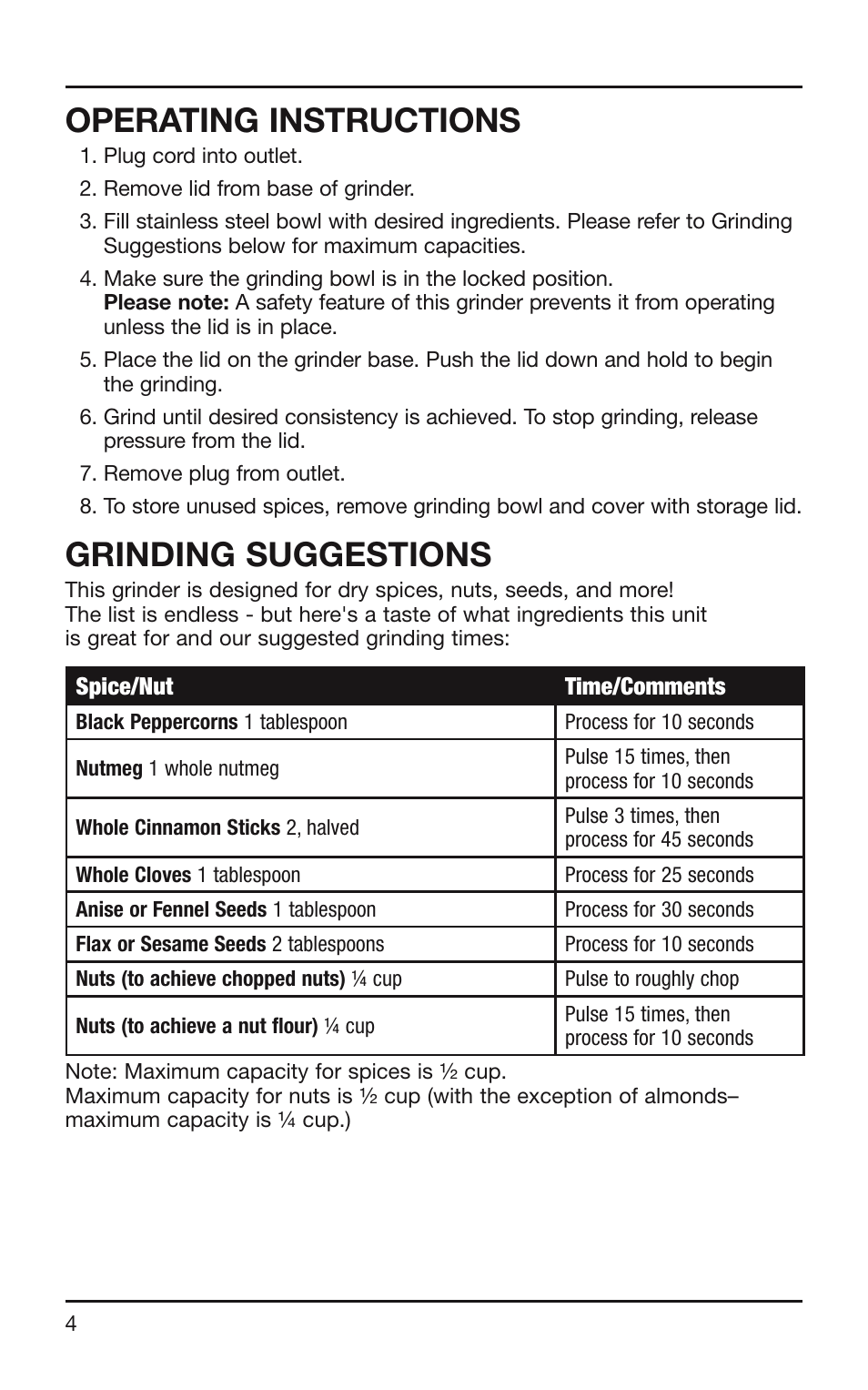 Operating instructions, Grinding suggestions | Cuisinart SG-10 User Manual | Page 4 / 20