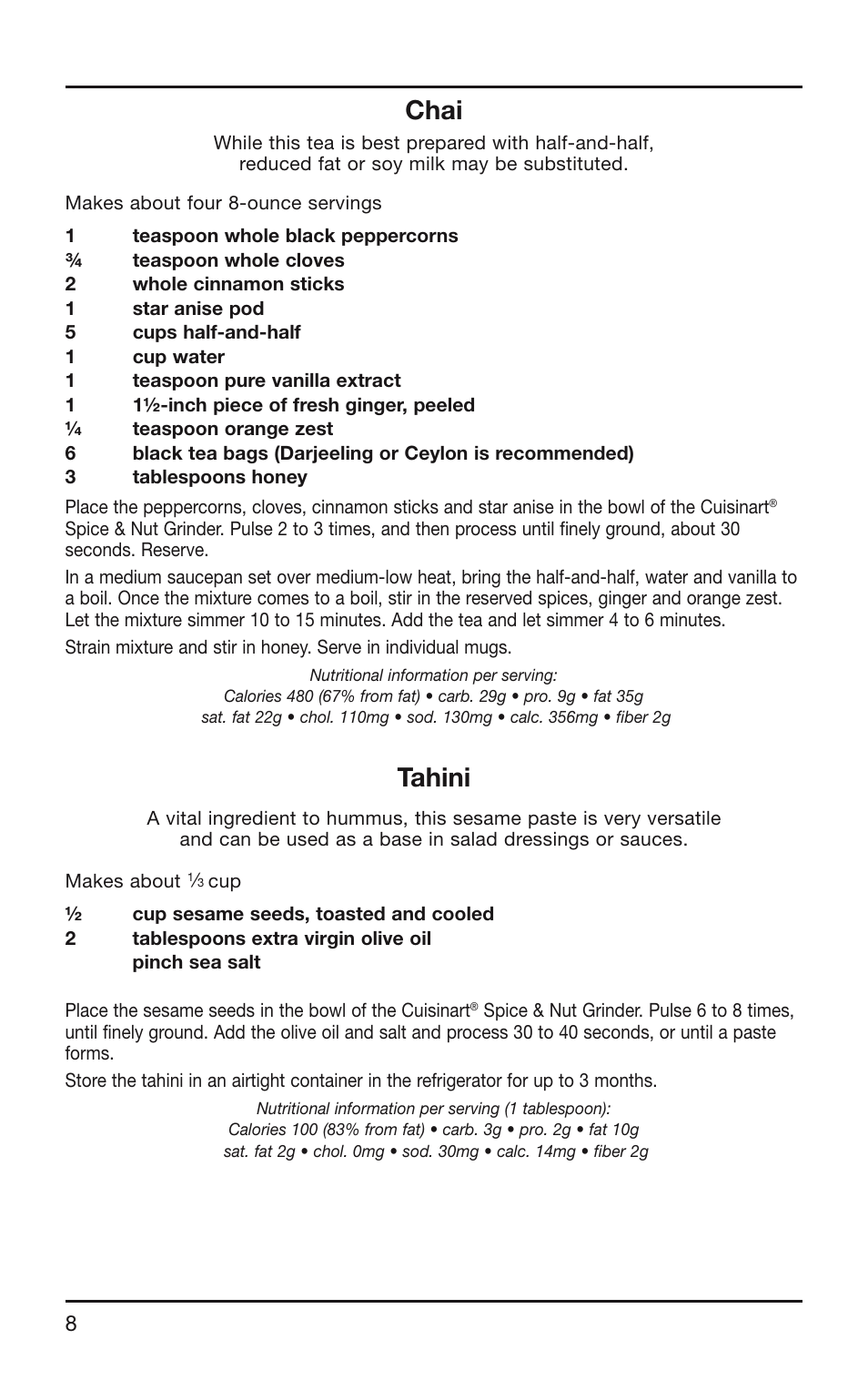 Chai, Tahini | Cuisinart SG-10 User Manual | Page 8 / 20