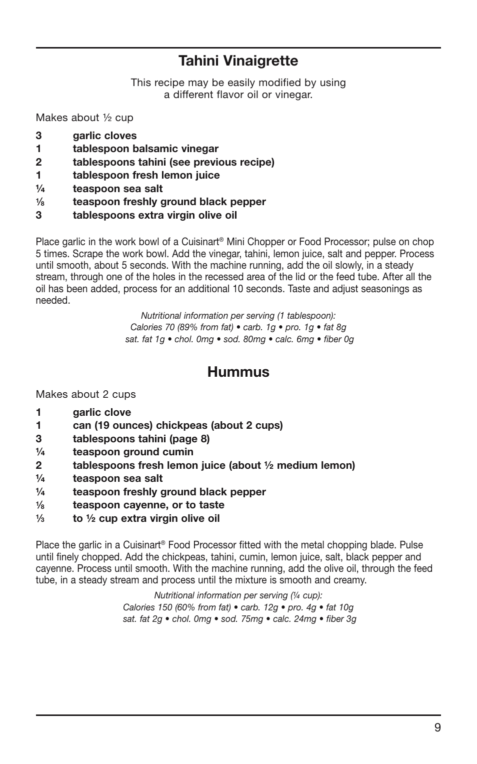 Tahini vinaigrette, Hummus | Cuisinart SG-10 User Manual | Page 9 / 20