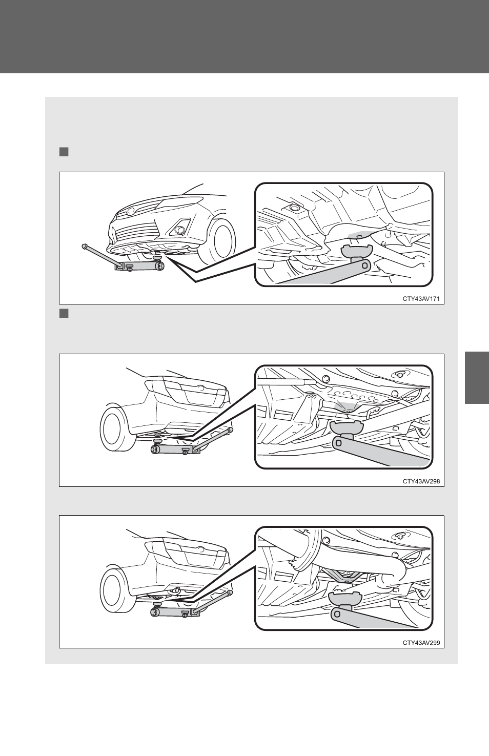 Positioning a floor jack | TOYOTA 2012 Camry User Manual | Page 334 / 499