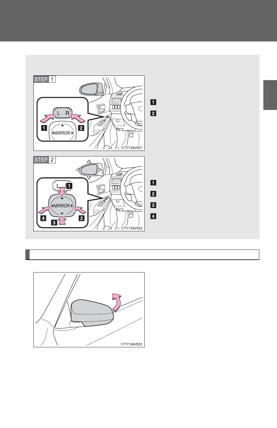 Outside rear view mirrors | TOYOTA 2012 Camry User Manual | Page 65 / 499