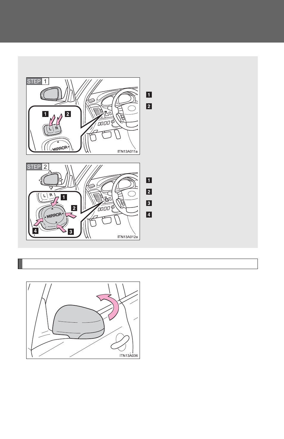 Outside rear view mirrors | TOYOTA 2012 Avalon User Manual | Page 65 / 548