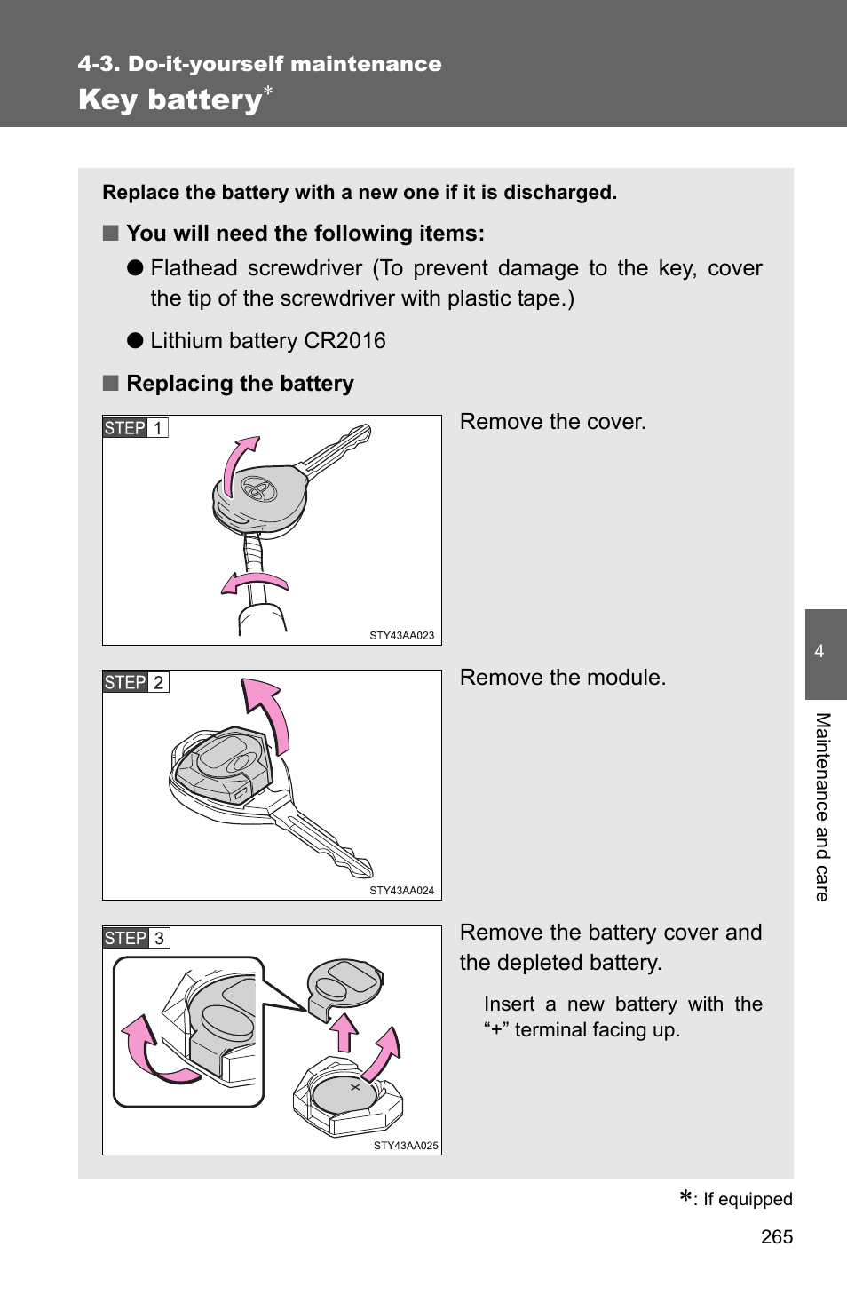 Key battery | TOYOTA 2011 Yaris Sedan User Manual | Page 276 / 406