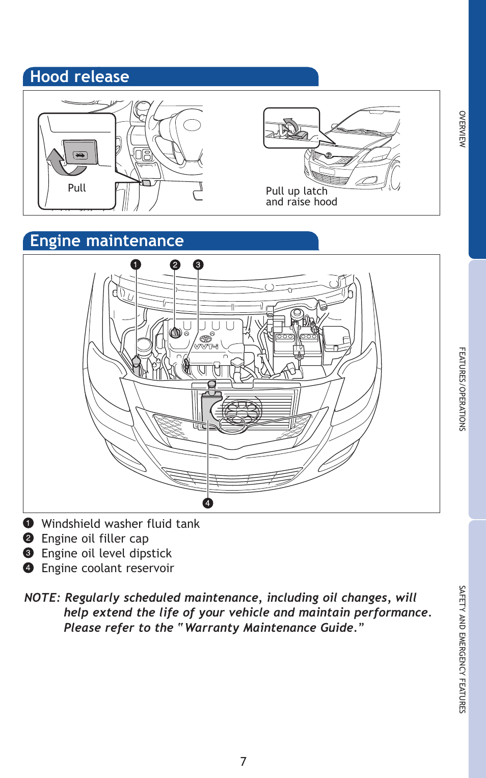 Hood release, Engine maintenance | TOYOTA 2011 Yaris Sedan User Manual | Page 28 / 406