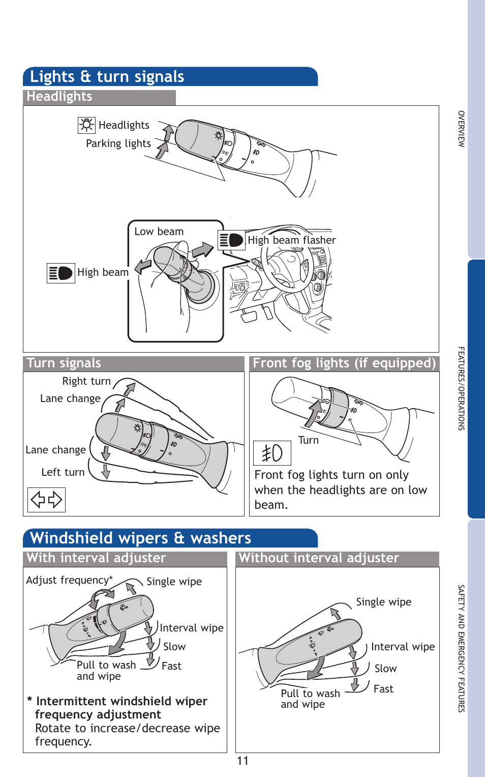 Lights & turn signals, Windshield wipers & washers, Headlights turn signals | Front fog lights (if equipped), Without interval adjuster with interval adjuster | TOYOTA 2011 Yaris Sedan User Manual | Page 32 / 406