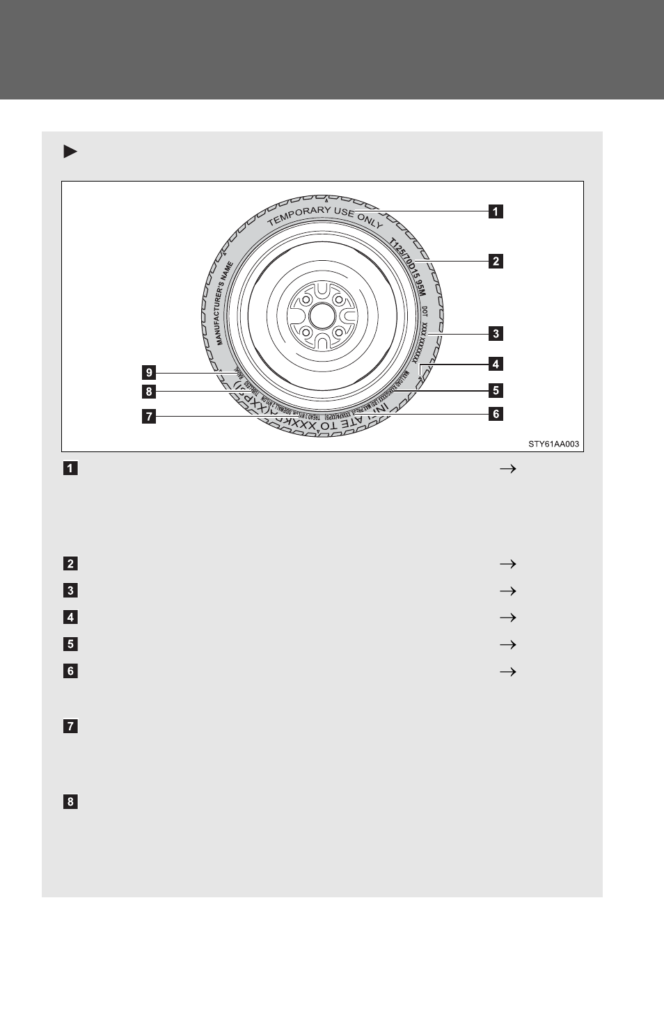 Compact spare tire, Temporary use only (æp. 313), Tire size (æp. 356) | Dot and tire identification number (tin) (æp. 355), Location of treadwear indicators (æp. 357), Maximum cold tire inflation pressure (æp. 359), Tire ply composition and materials, Tubeless or tube type | TOYOTA 2011 Yaris Sedan User Manual | Page 363 / 406