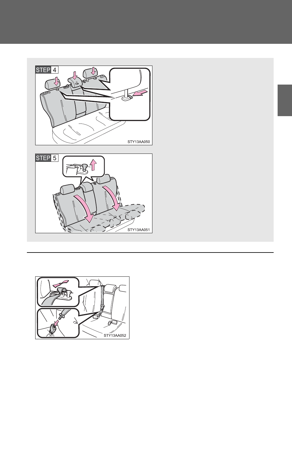 N returning rear seatbacks | TOYOTA 2011 Yaris Sedan User Manual | Page 53 / 406