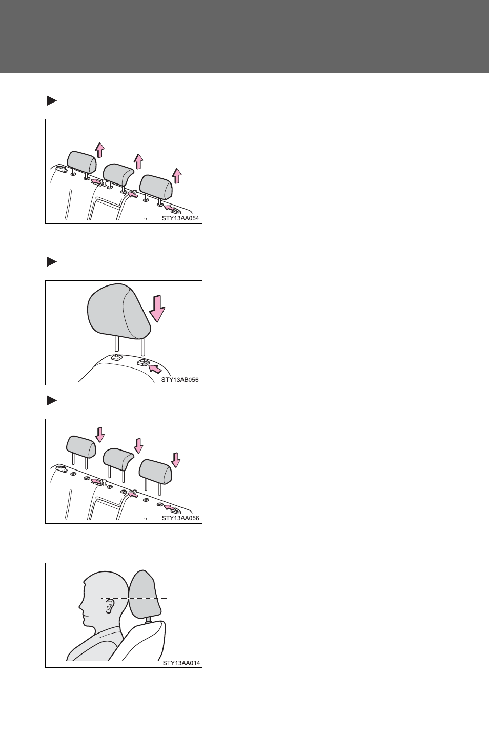 Rear seats, N installing the head restraints, Front seats | N adjusting the height of the head restraints | TOYOTA 2011 Yaris Sedan User Manual | Page 56 / 406