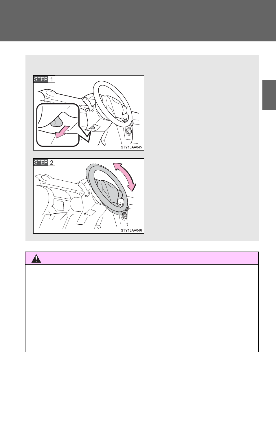 N caution while driving, N after adjusting the steering wheel, Steering wheel | TOYOTA 2011 Yaris Sedan User Manual | Page 65 / 406