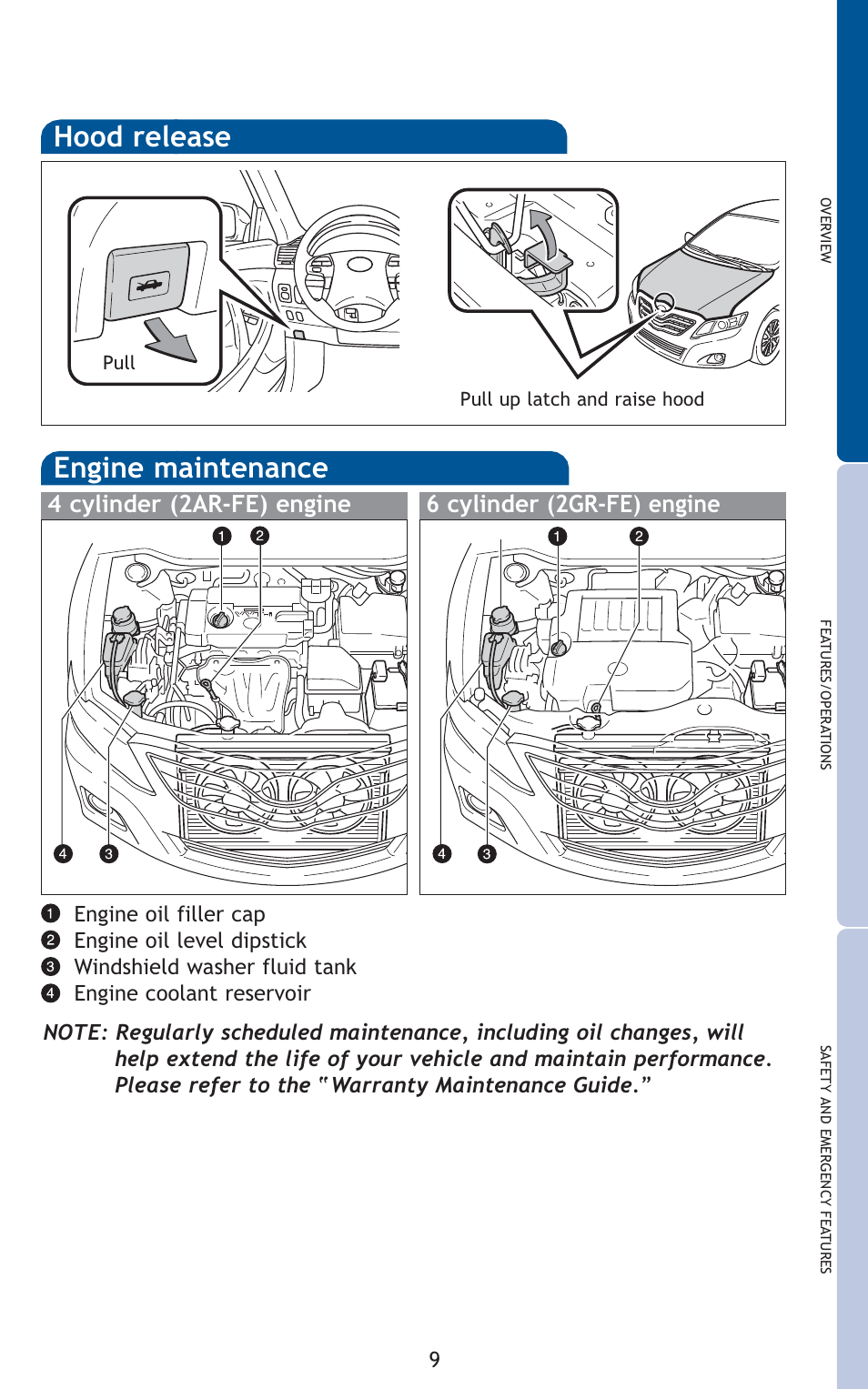 Hood release, Engine maintenance | TOYOTA 2011 Camry User Manual | Page 11 / 573