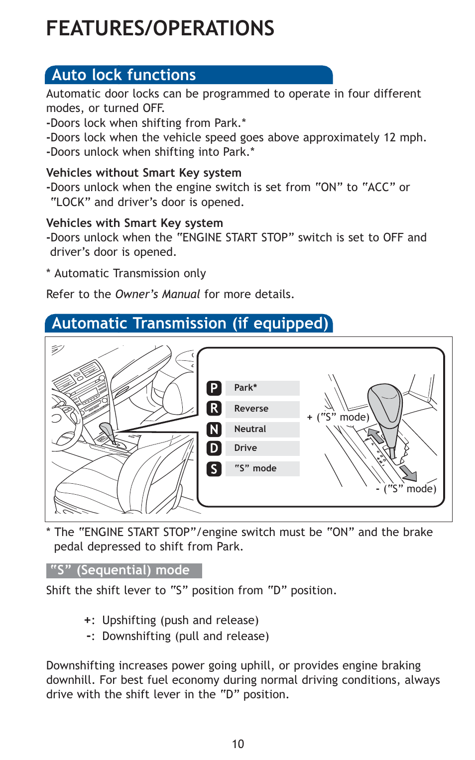 Features/operations, Automatic transmission (if equipped), Auto lock functions | TOYOTA 2011 Camry User Manual | Page 12 / 573