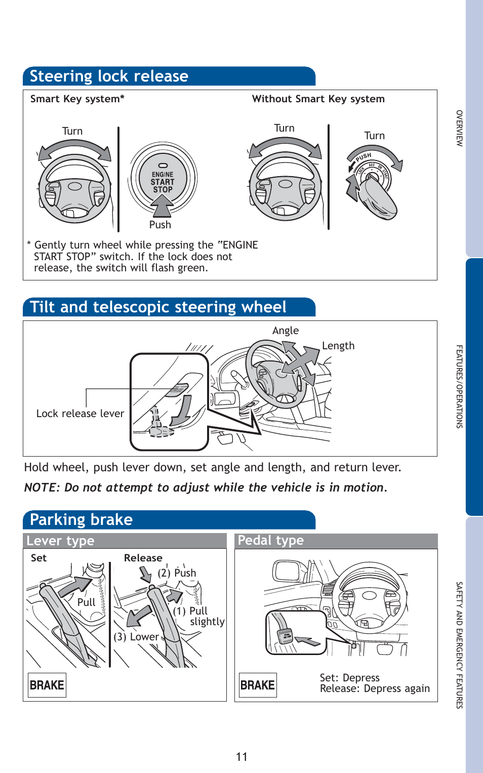 Steering lock release, Parking brake, Tilt and telescopic steering wheel | Lever type pedal type | TOYOTA 2011 Camry User Manual | Page 13 / 573