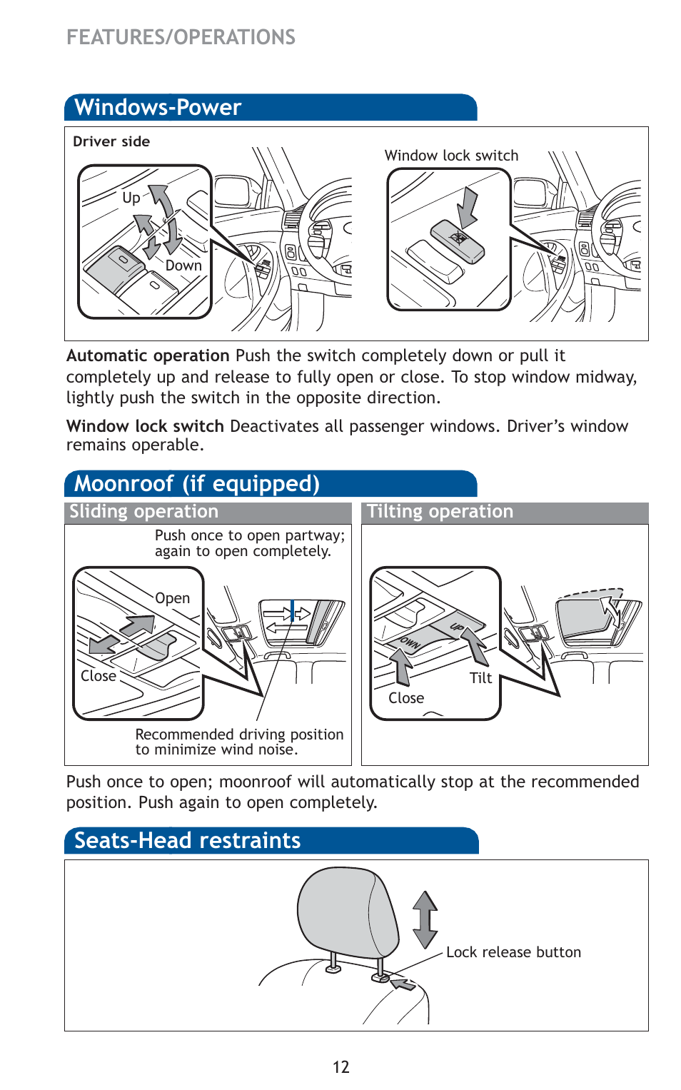 Moonroof (if equipped), Seats-head restraints, Windows-power | Features/operations | TOYOTA 2011 Camry User Manual | Page 14 / 573