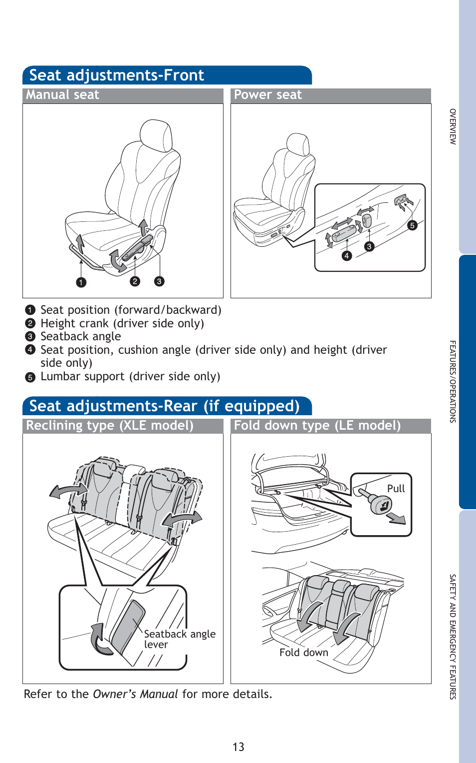 Seat adjustments-front, Seat adjustments-rear (if equipped), Manual seat power seat | Reclining type (xle model), Fold down type (le model) | TOYOTA 2011 Camry User Manual | Page 15 / 573