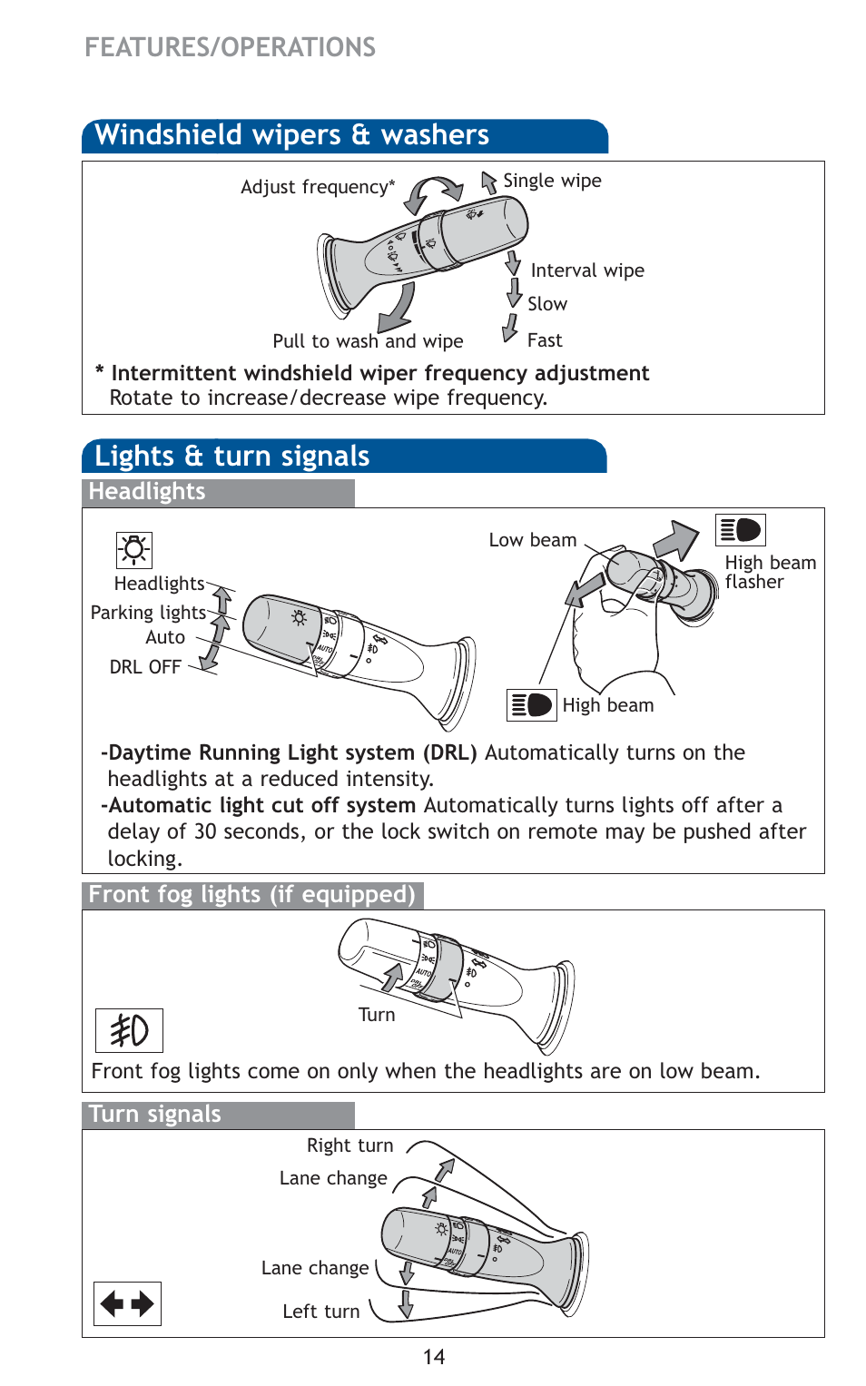 Lights & turn signals, Windshield wipers & washers, Features/operations | TOYOTA 2011 Camry User Manual | Page 16 / 573