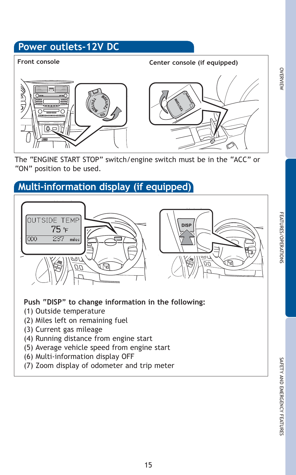 Power outlets-12v dc, Multi-information display (if equipped) | TOYOTA 2011 Camry User Manual | Page 17 / 573